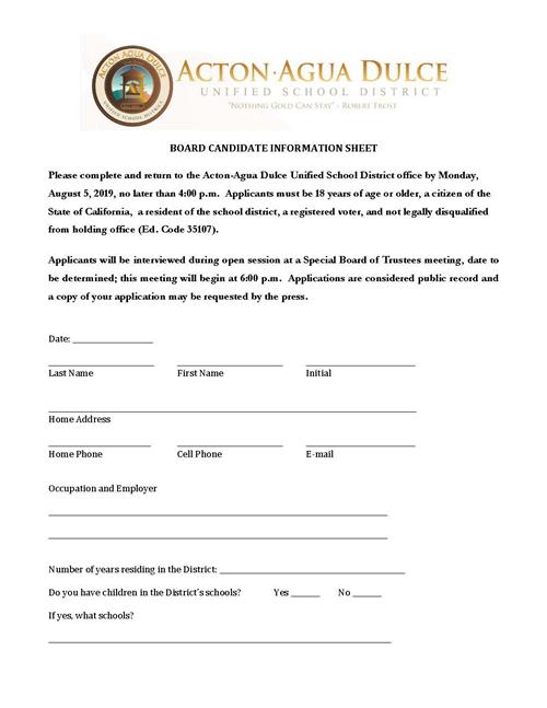 Board Candidate Information Sheet Board Candidate Information Sheet